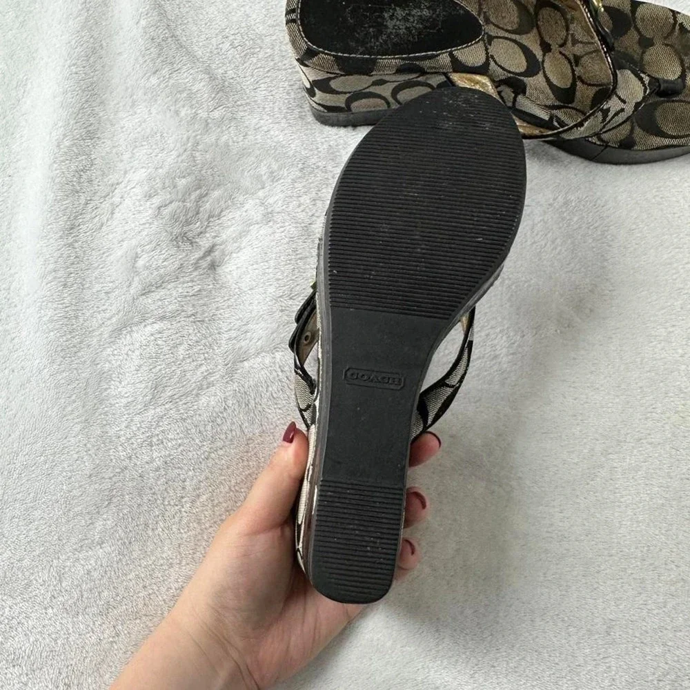 Coach Gracy black gray signature monogram canvas thong wedge sandals y2k mcbling